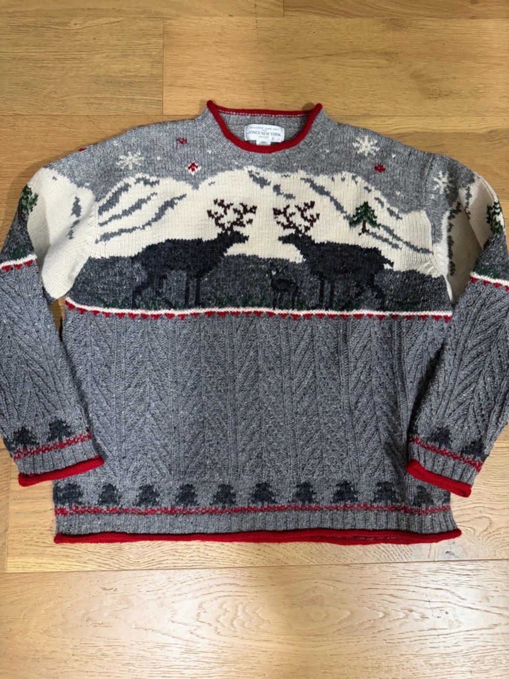 Jones New York Sport Wool Gray Fair Isle Reindeer Cable-Knit Sweater -unisex XL